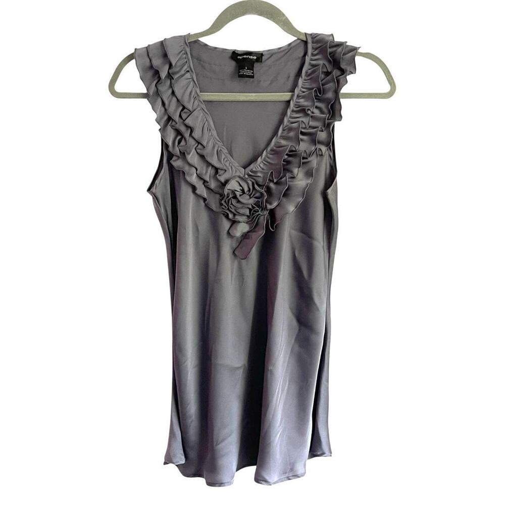 Spense Bluish-Gray Silky Ruffle Tank Top: Y2K, 2000s